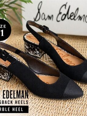 Sam Edelman Black Slingback Heels Size 11 | Marble Heel | Pointed Toe | Like New